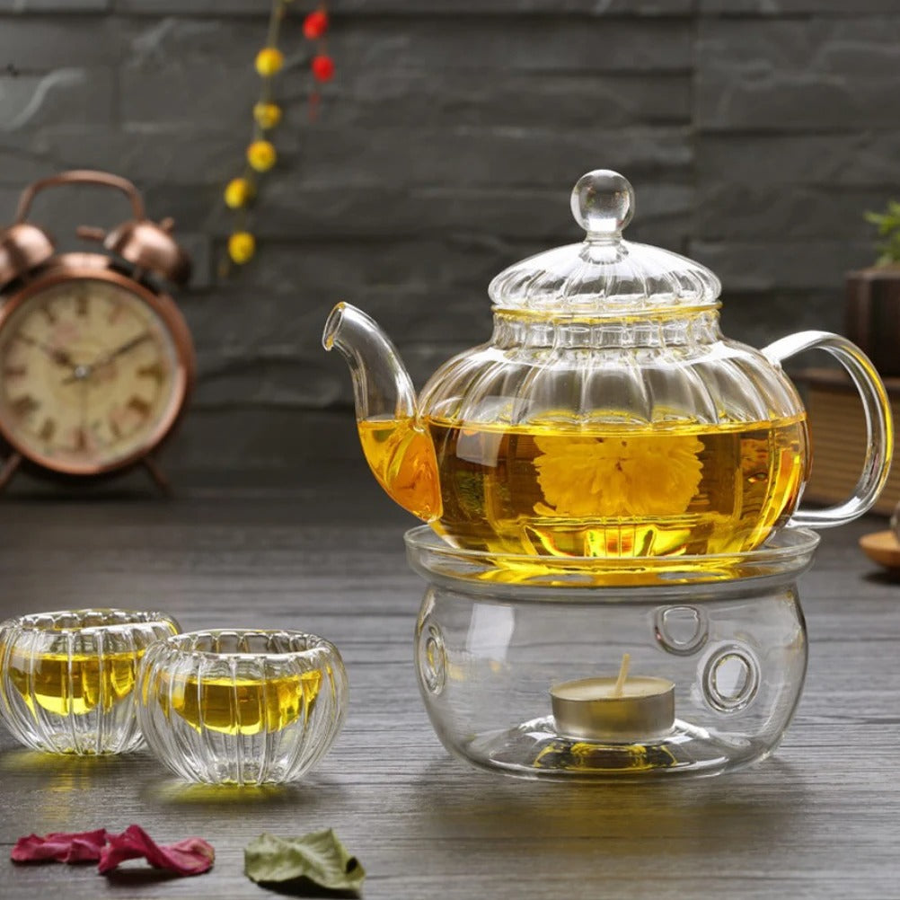 Glass Teapot Warmer with Candle Tray – Round Tealight Heater