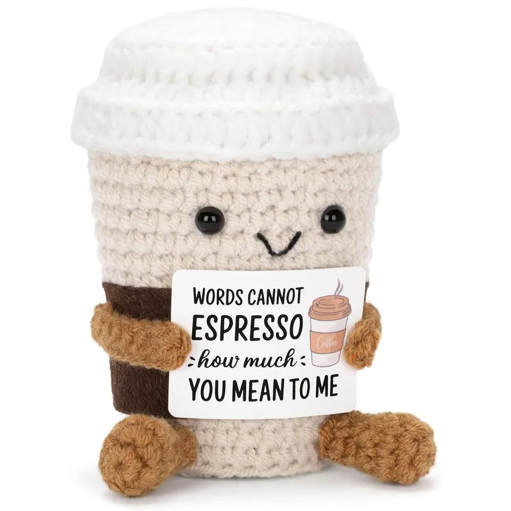 Crochet Coffee Plush Doll – Handmade Gift with Card
