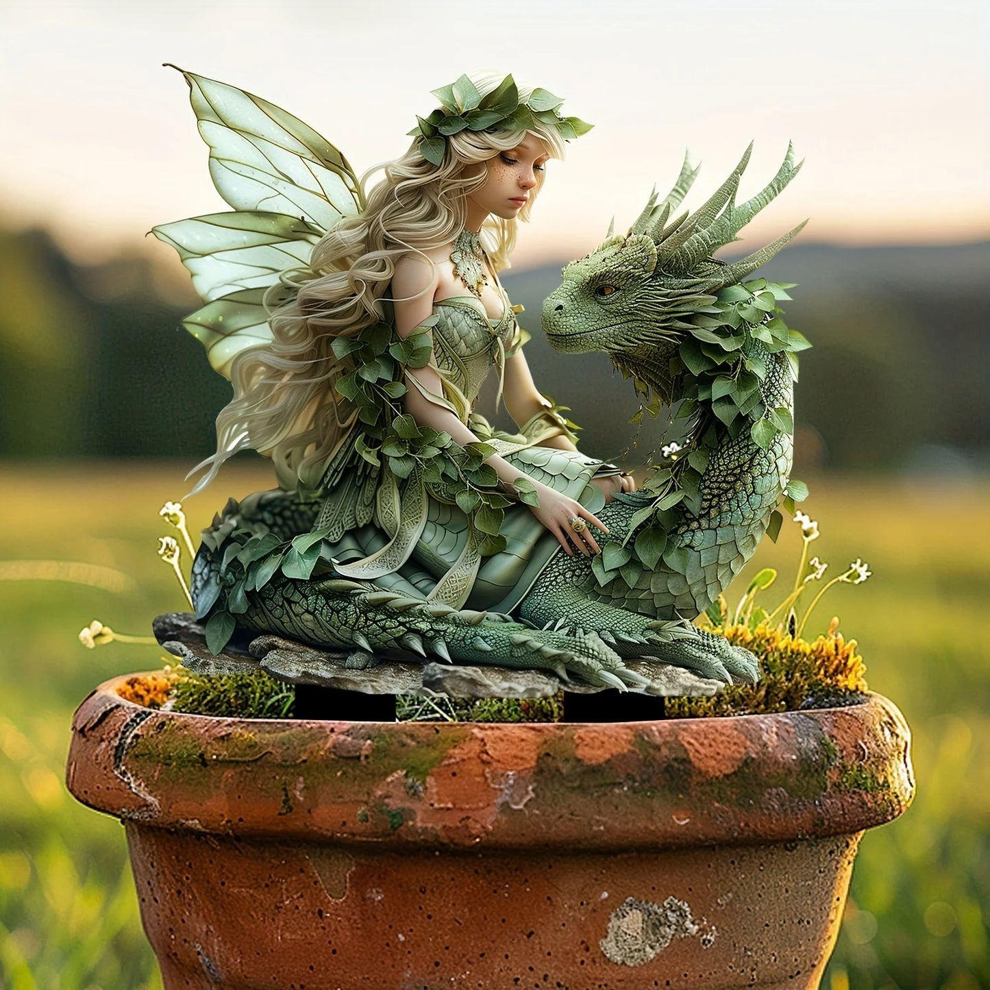 Charming Green Fairy & Dragon Garden Statue