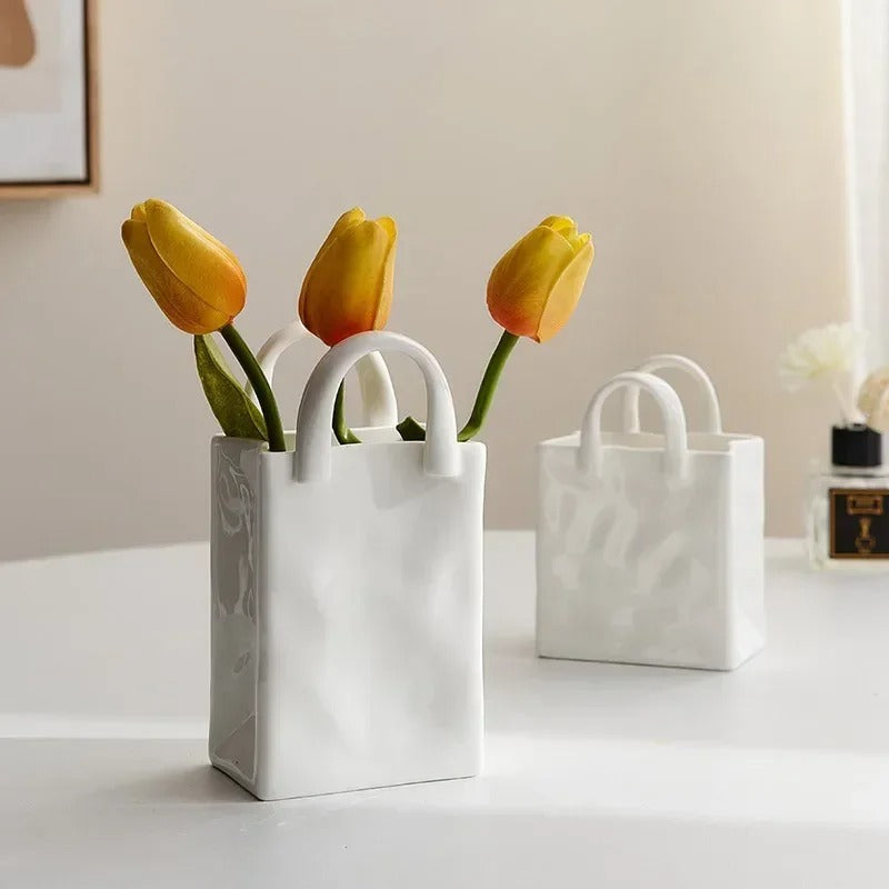 Nordic Handbag Vase – White Ceramic Flower Vase