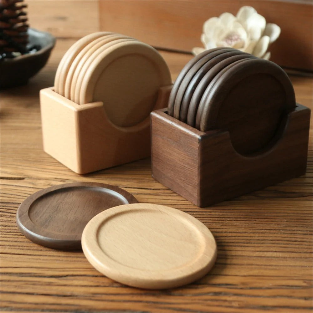 6-Piece Walnut Wood Coaster Set with Holder