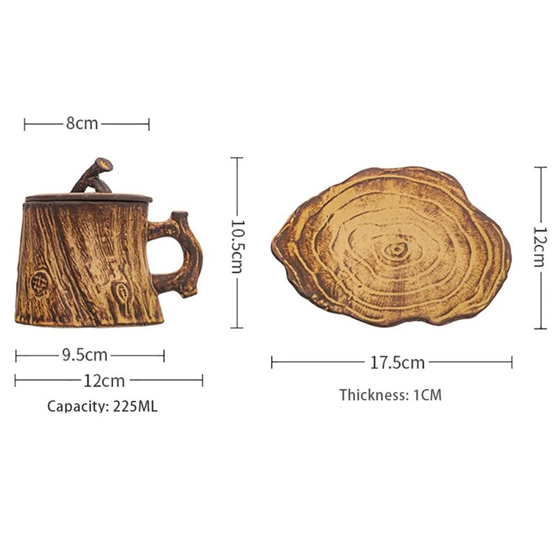 Rustic Wood-Look Ceramic Mug with Lid & Coaster