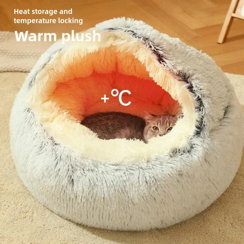 Plush Shell Cat Bed – Semi-Enclosed Warm Nest for Winter Comfort