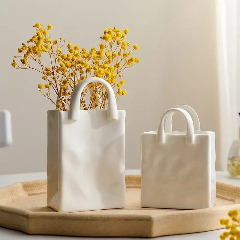 Nordic Handbag Vase – White Ceramic Flower Vase