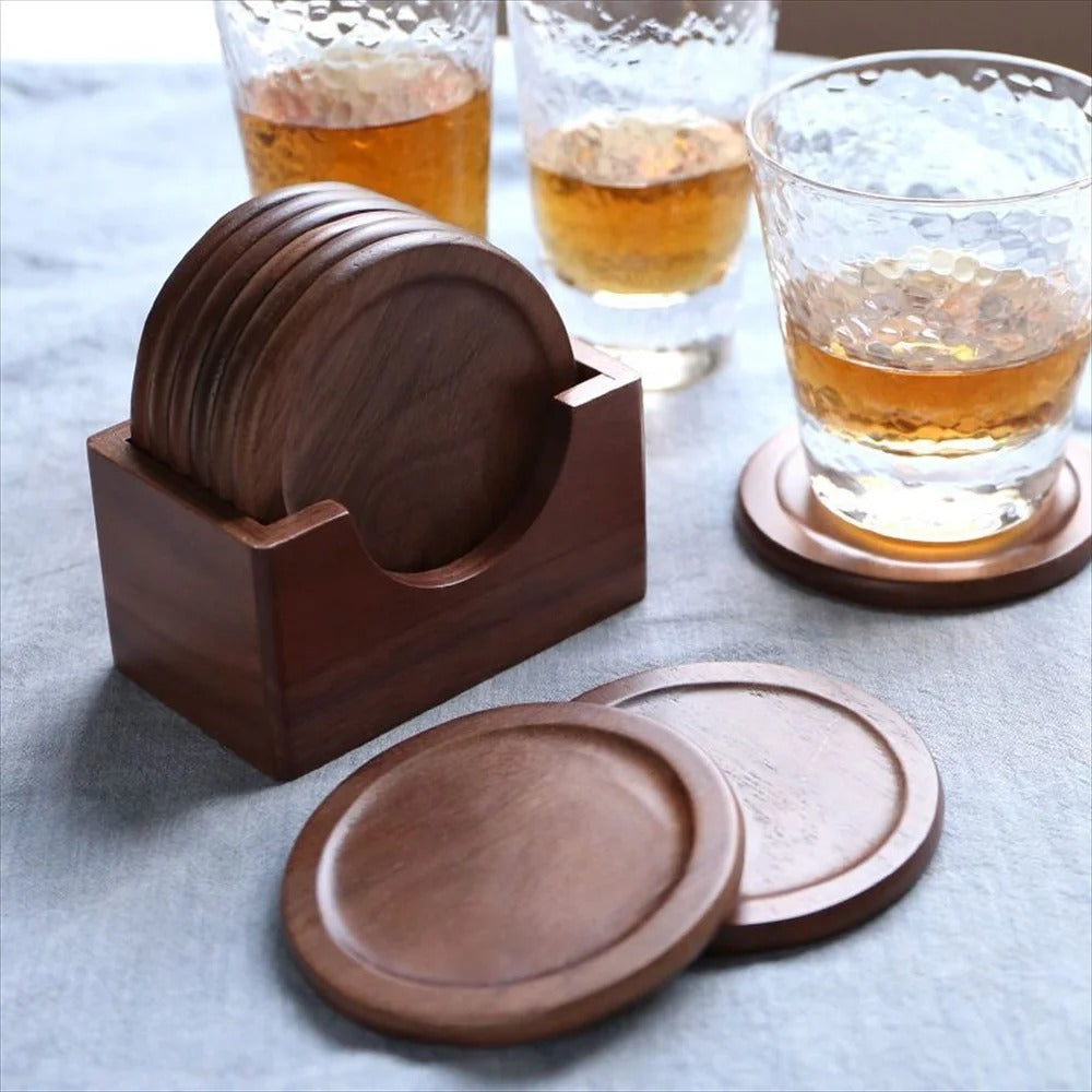 6-Piece Walnut Wood Coaster Set with Holder