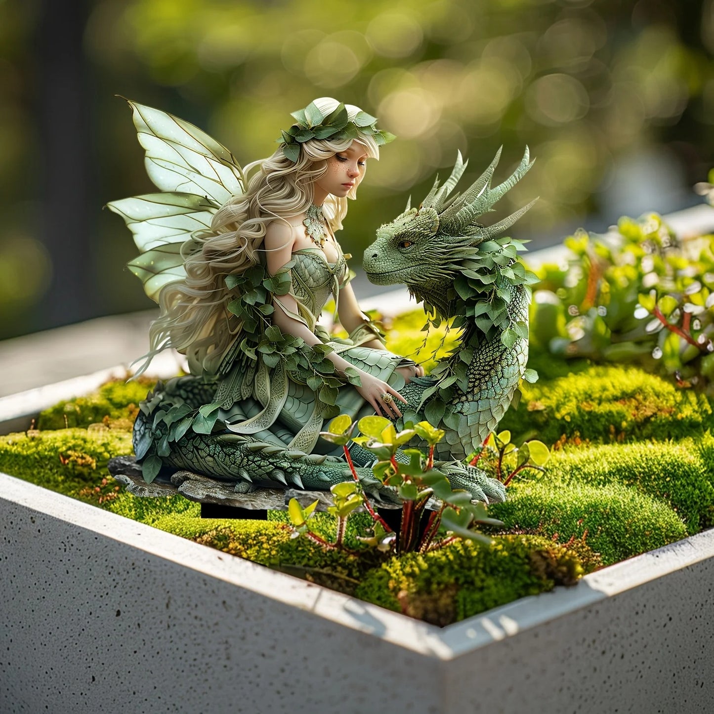 Charming Green Fairy & Dragon Garden Statue