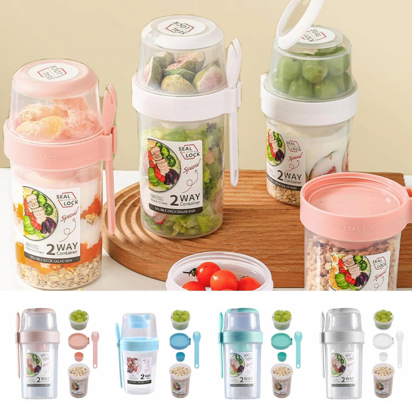 2-Layer Salad & Snack Container with Dressing Cup and Fork