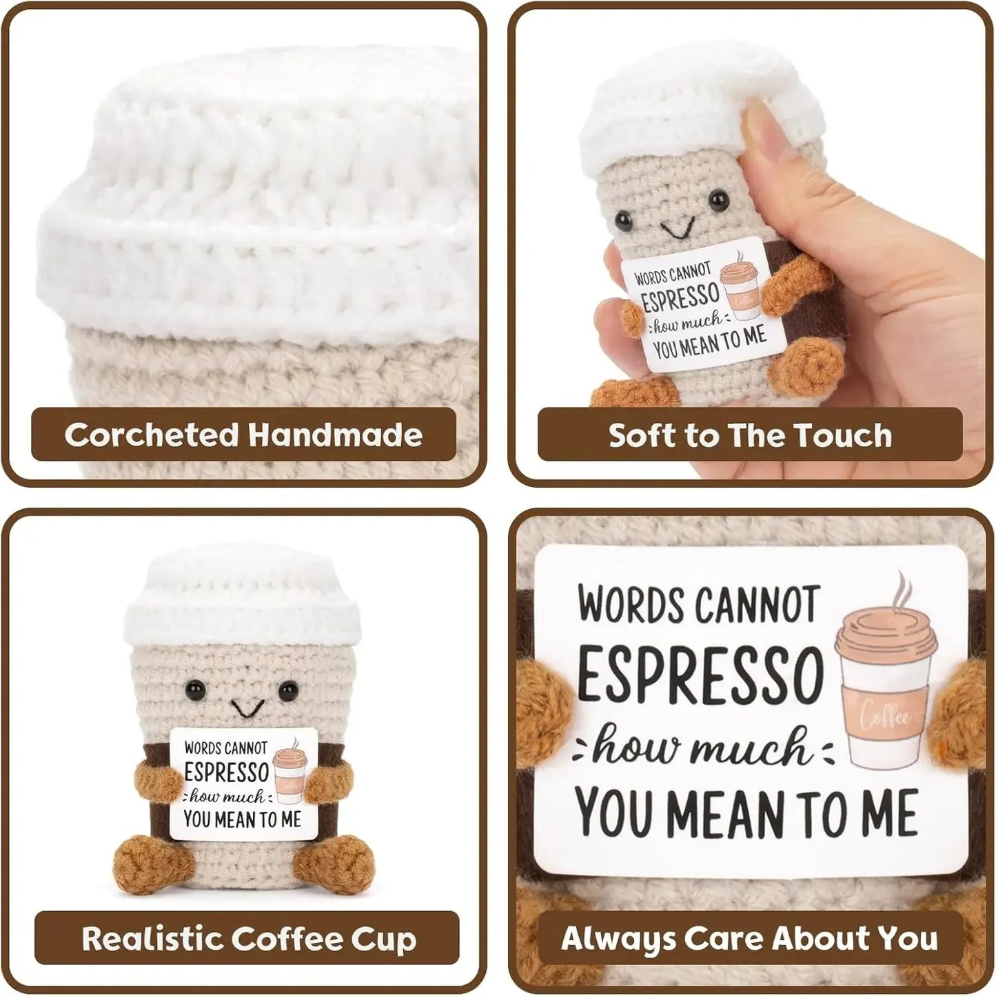 Crochet Coffee Plush Doll – Handmade Gift with Card