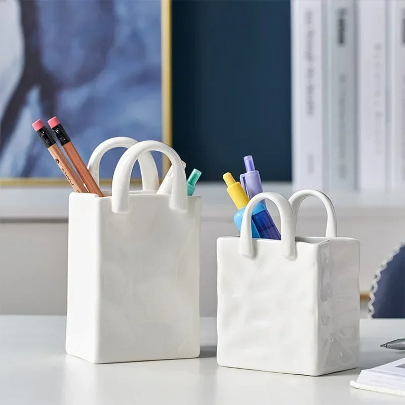 Nordic Handbag Vase – White Ceramic Flower Vase