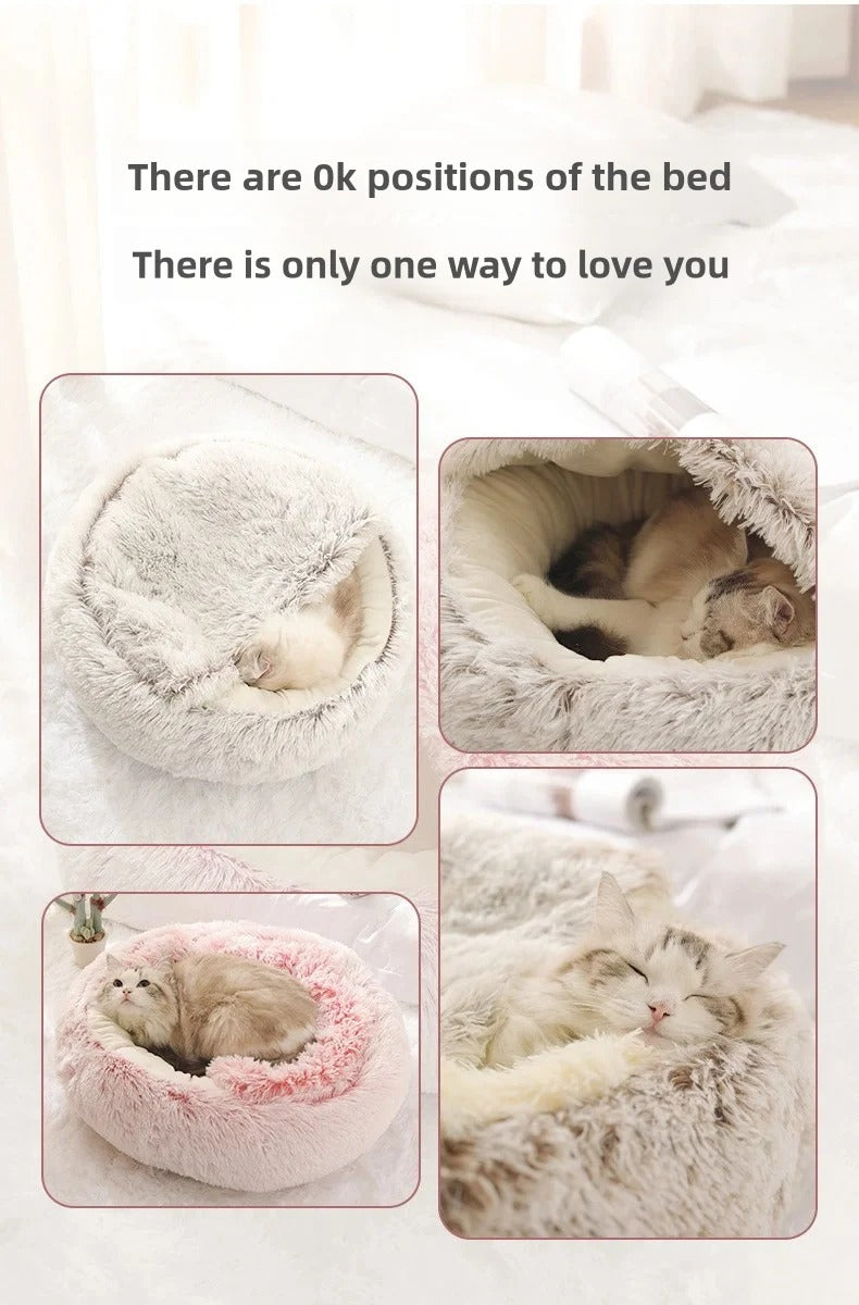 Plush Shell Cat Bed – Semi-Enclosed Warm Nest for Winter Comfort