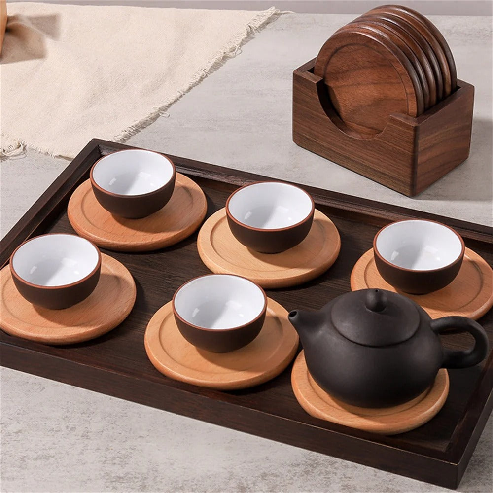6-Piece Walnut Wood Coaster Set with Holder