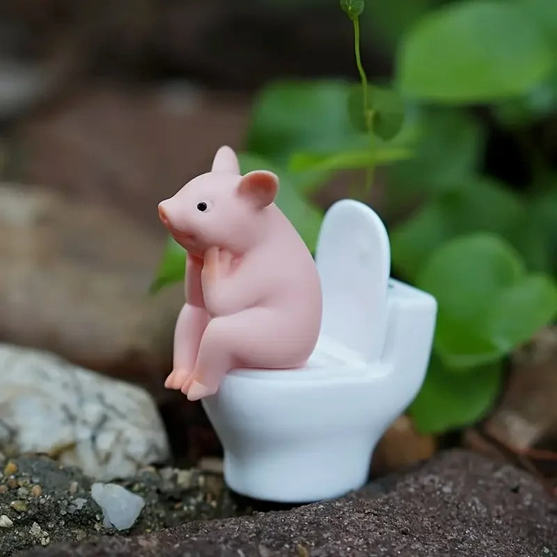 Mini Pig on Toilet Figurine