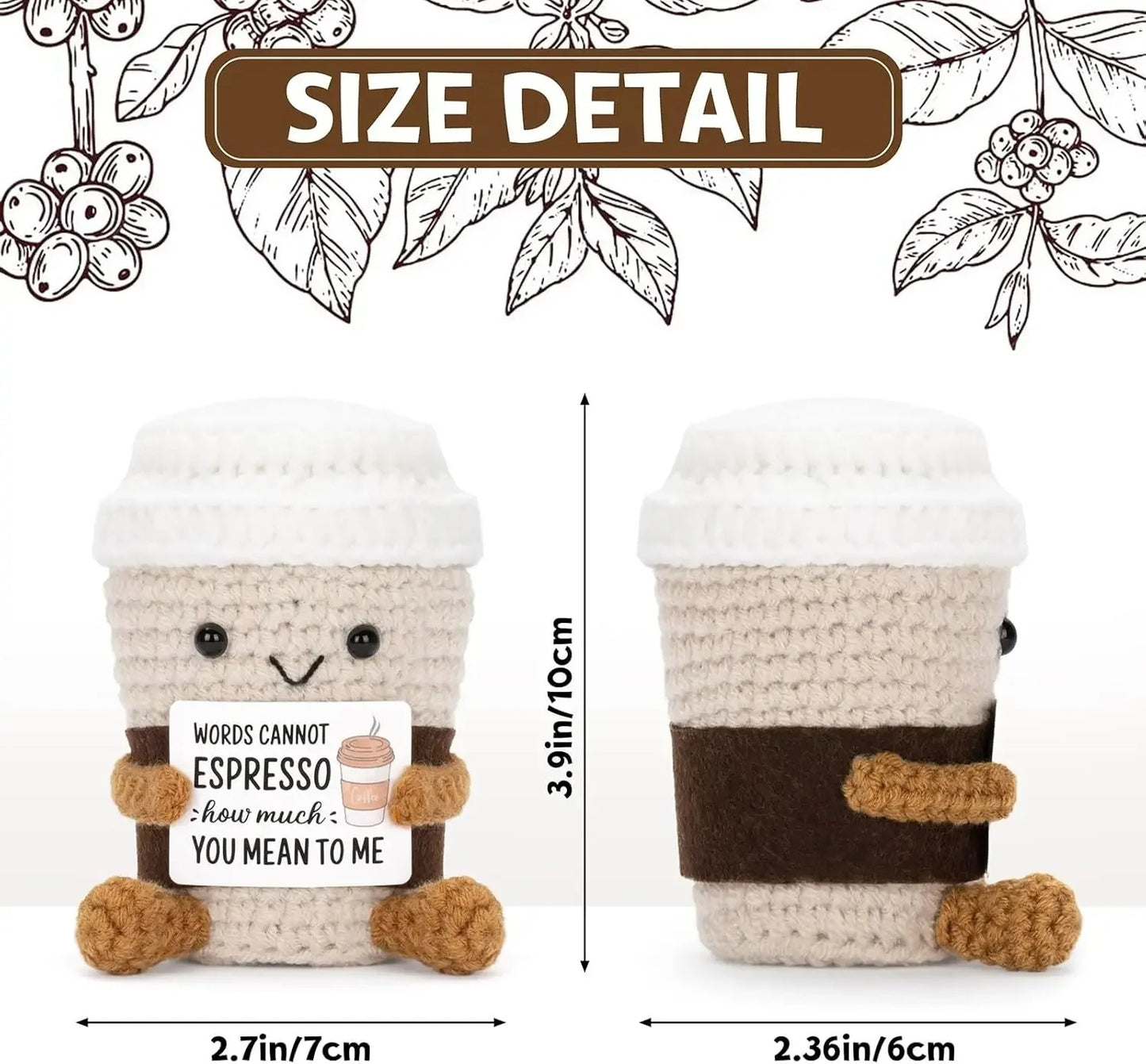 Crochet Coffee Plush Doll – Handmade Gift with Card