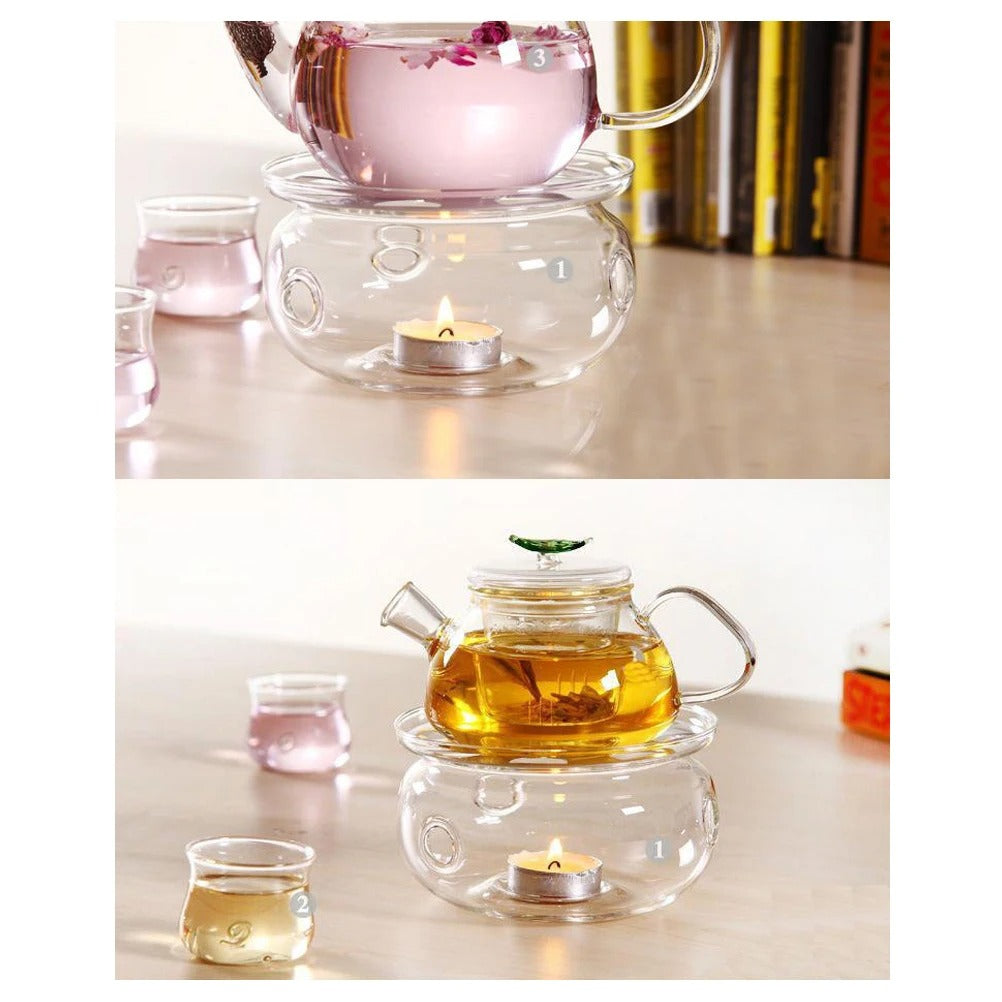 Glass Teapot Warmer with Candle Tray – Round Tealight Heater
