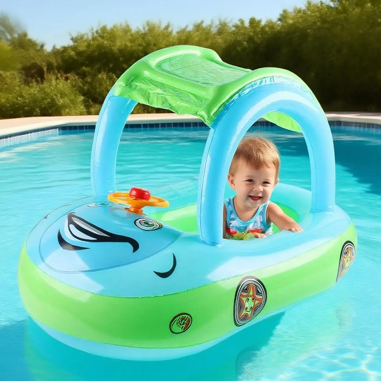 Toddler Pool Float with Canopy – Inflatable Car Design Swim Trainer