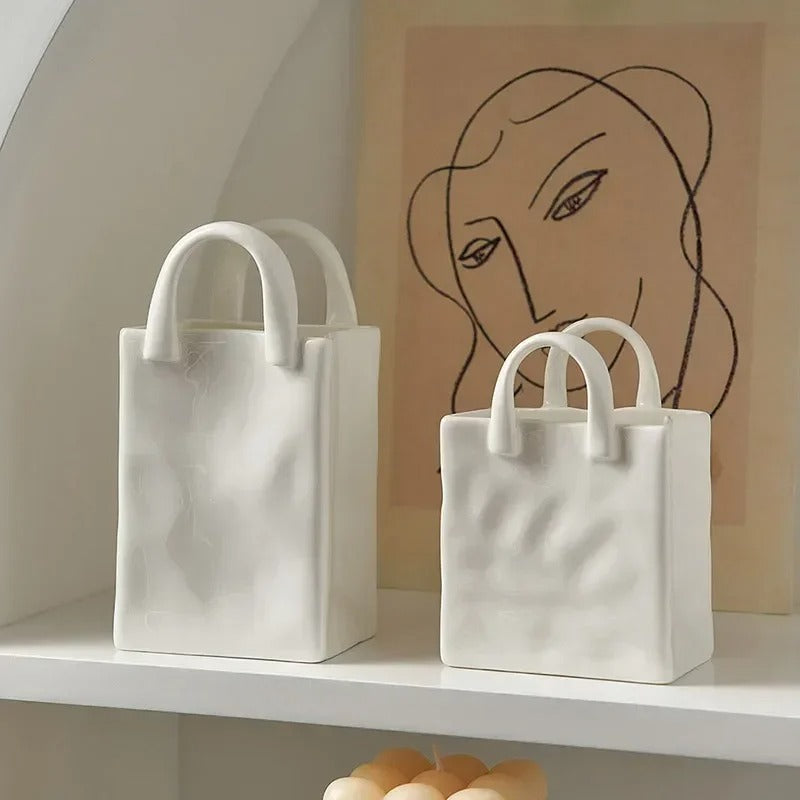 Nordic Handbag Vase – White Ceramic Flower Vase