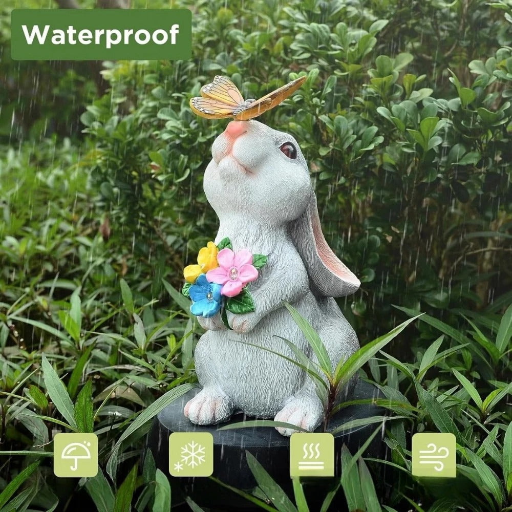 Solar Bunny Statue Garden Decor with Butterfly LED Light