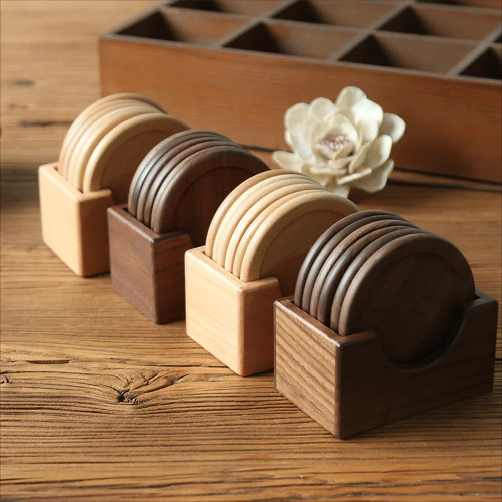 6-Piece Walnut Wood Coaster Set with Holder