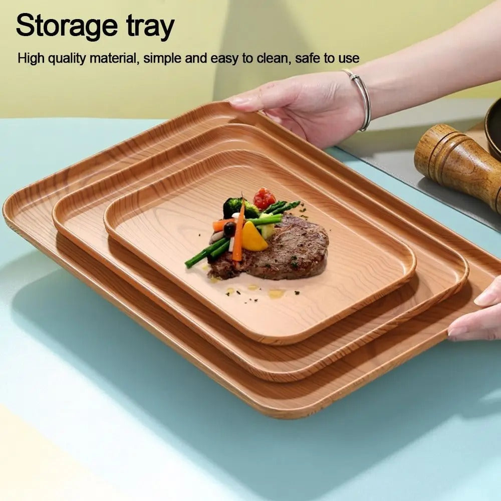 Nordic Plastic Serving Tray – Wood-Look Rectangular Tray