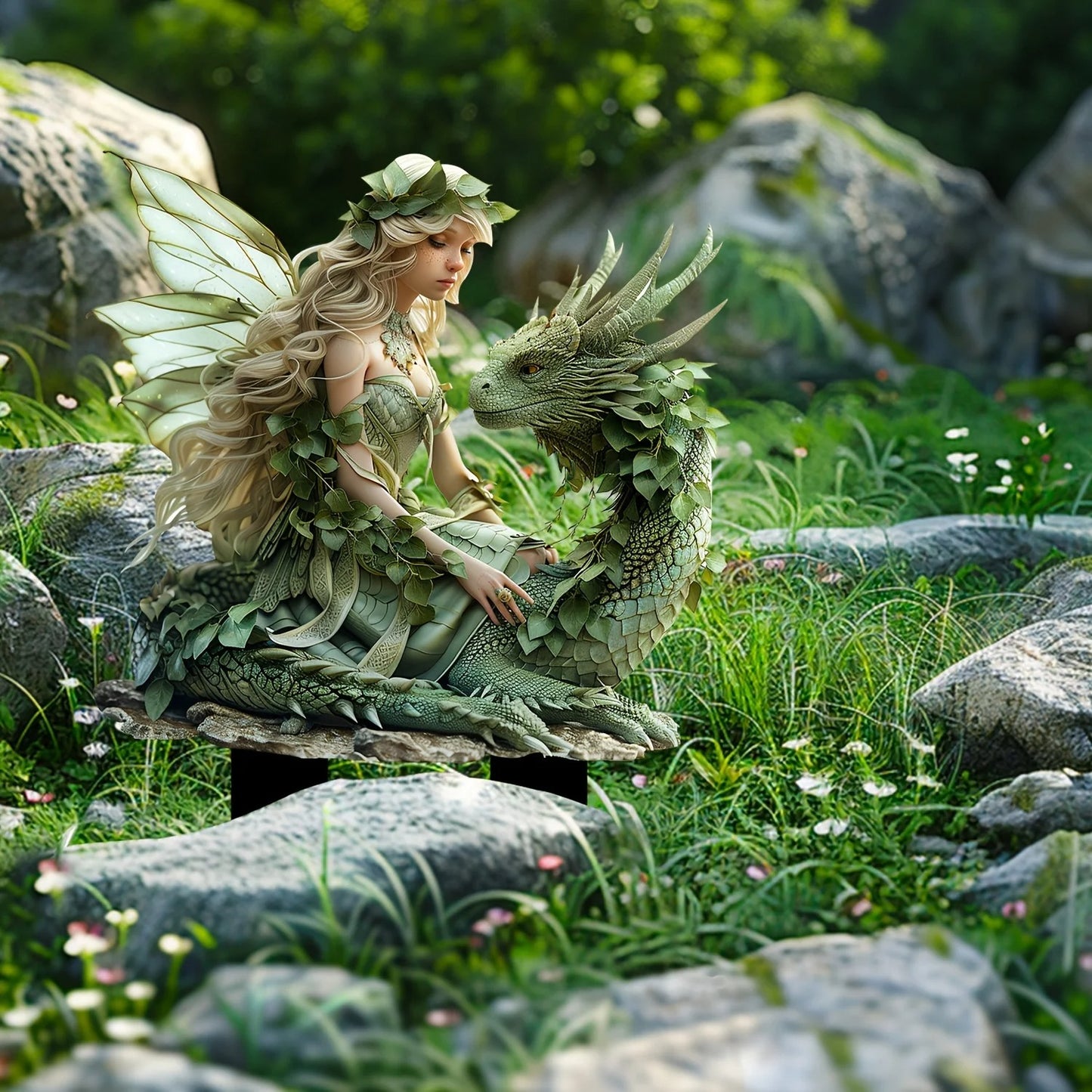 Charming Green Fairy & Dragon Garden Statue