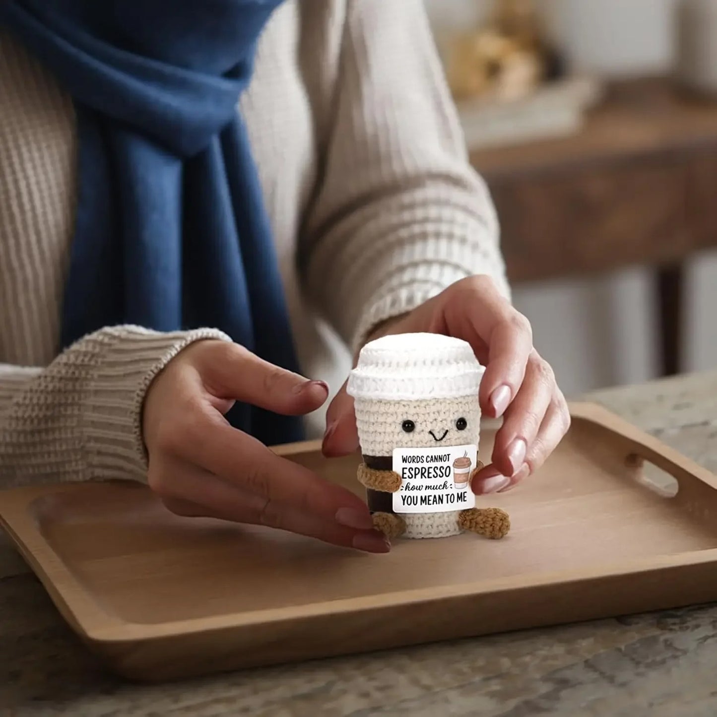 Crochet Coffee Plush Doll – Handmade Gift with Card
