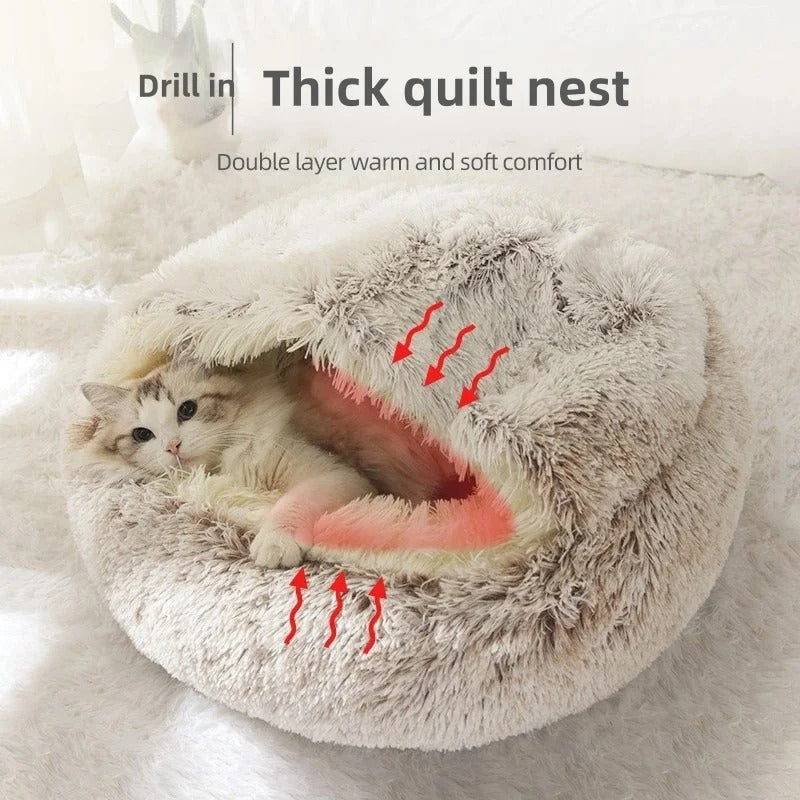 Plush Shell Cat Bed – Semi-Enclosed Warm Nest for Winter Comfort