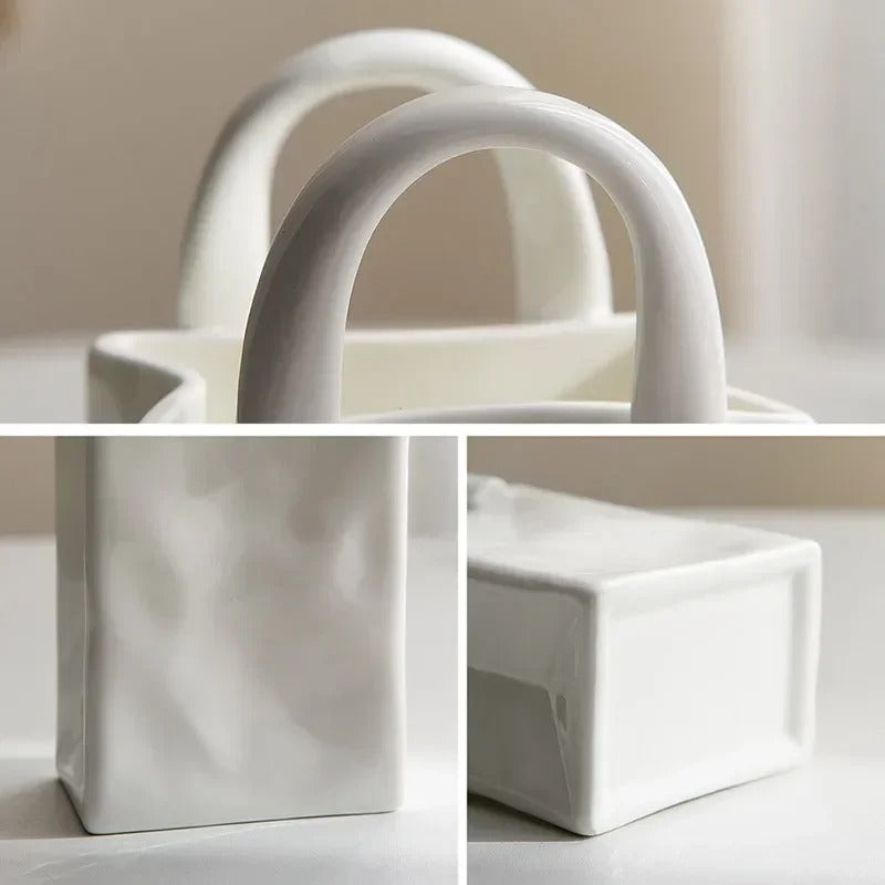 Nordic Handbag Vase – White Ceramic Flower Vase
