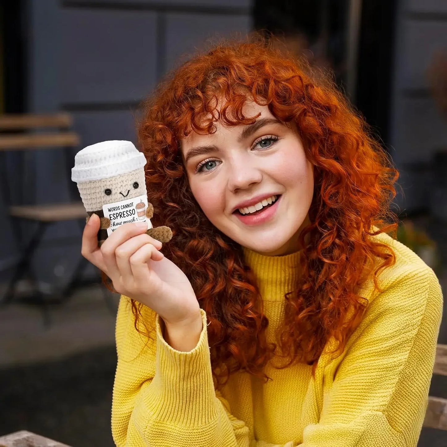 Crochet Coffee Plush Doll – Handmade Gift with Card
