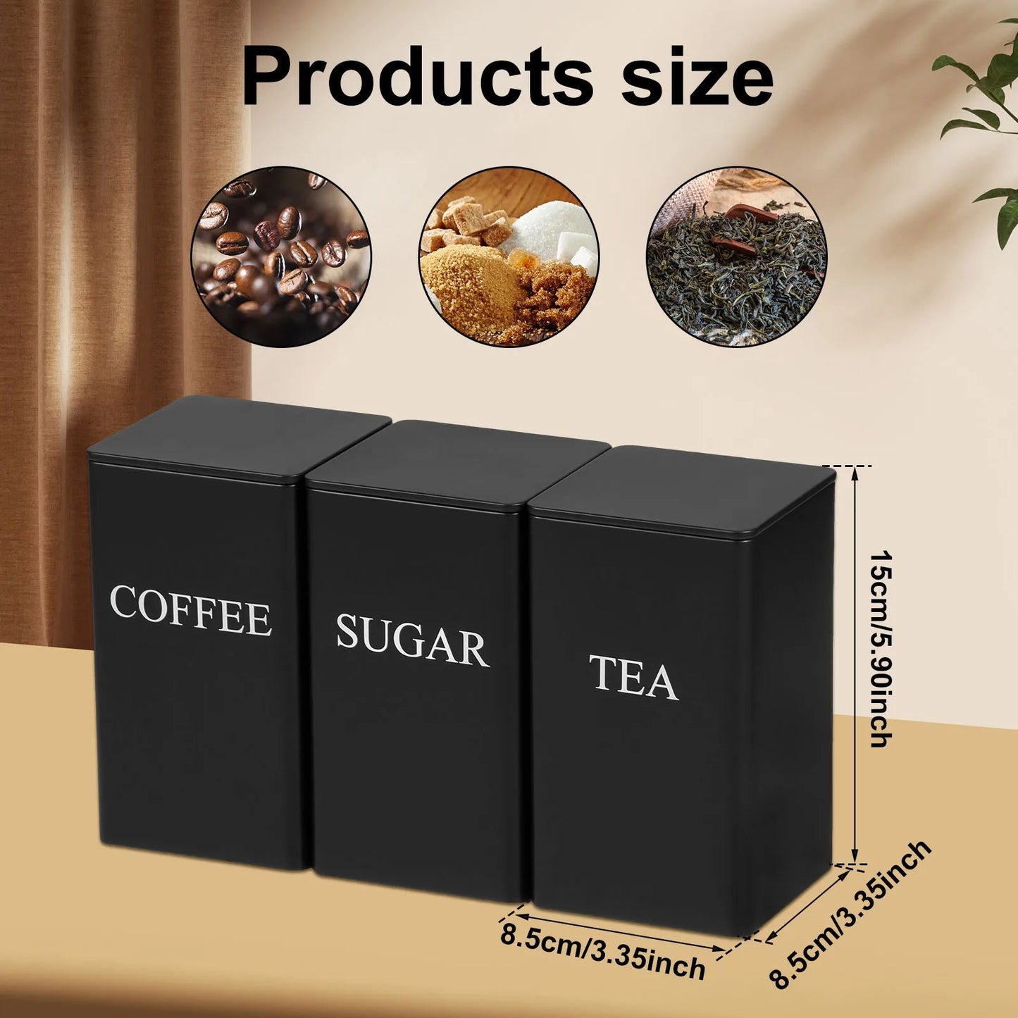 3Pcs Airtight Coffee, Sugar & Tea Canister Set – 1L Metal Storage Jars with Lid