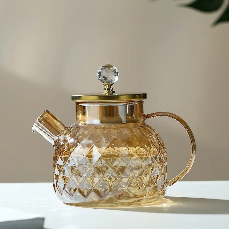 1L Glass Teapot with Lid and Filter – Amber Tea Kettle for Blooming or Fruit Tea