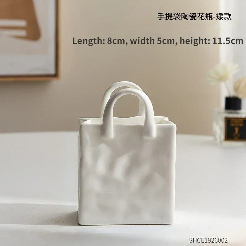 Nordic Handbag Vase – White Ceramic Flower Vase