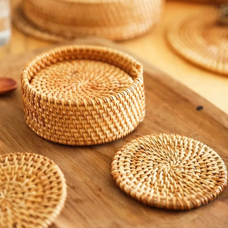 Rattan Drink Coasters – Round Woven Cup Mats - Set of 6