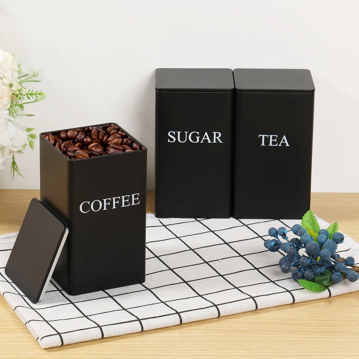 3Pcs Airtight Coffee, Sugar & Tea Canister Set – 1L Metal Storage Jars with Lid