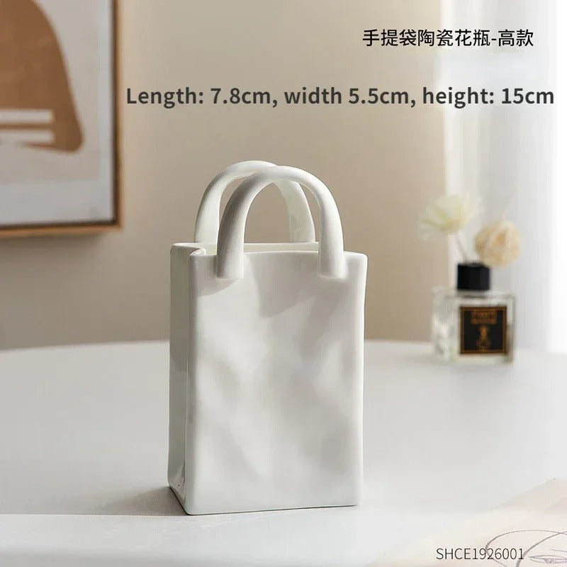 Nordic Handbag Vase – White Ceramic Flower Vase