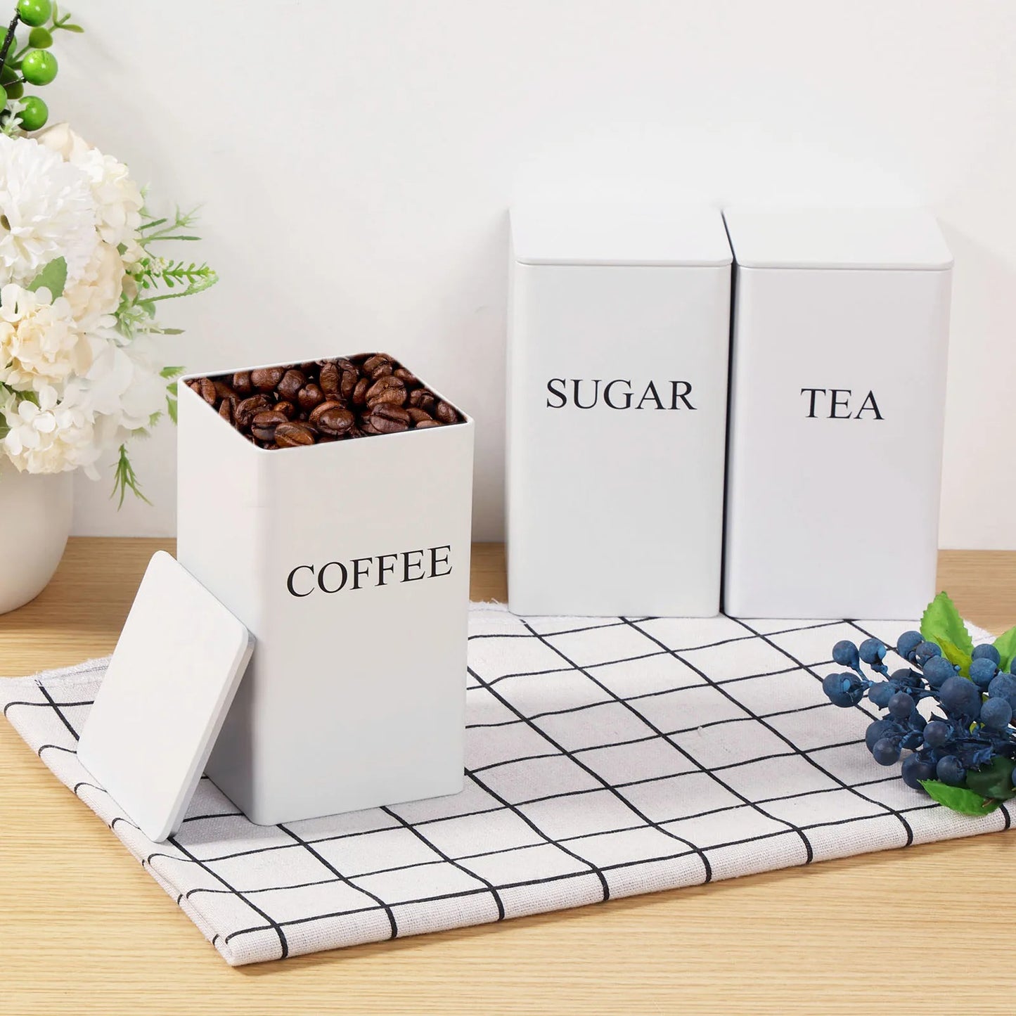 3Pcs Airtight Coffee, Sugar & Tea Canister Set – 1L Metal Storage Jars with Lid