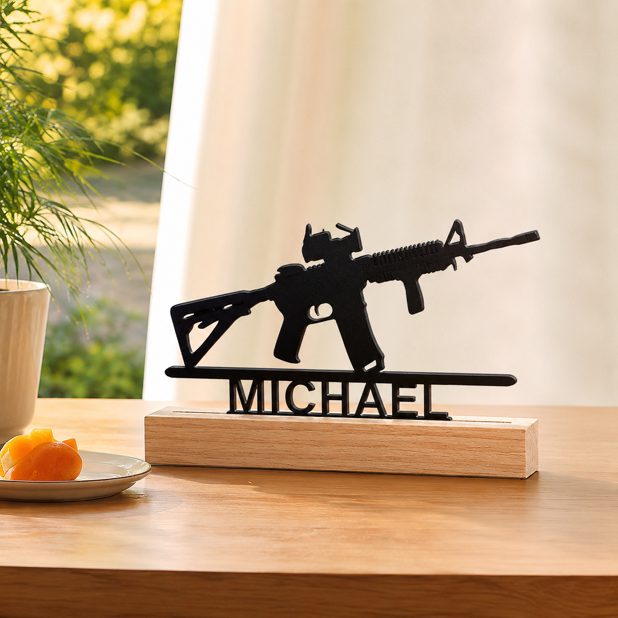 Personalized Rifle Metal Name Sign with Wooden Base