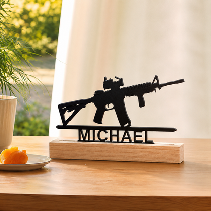 Personalized Rifle Metal Name Sign with Wooden Base