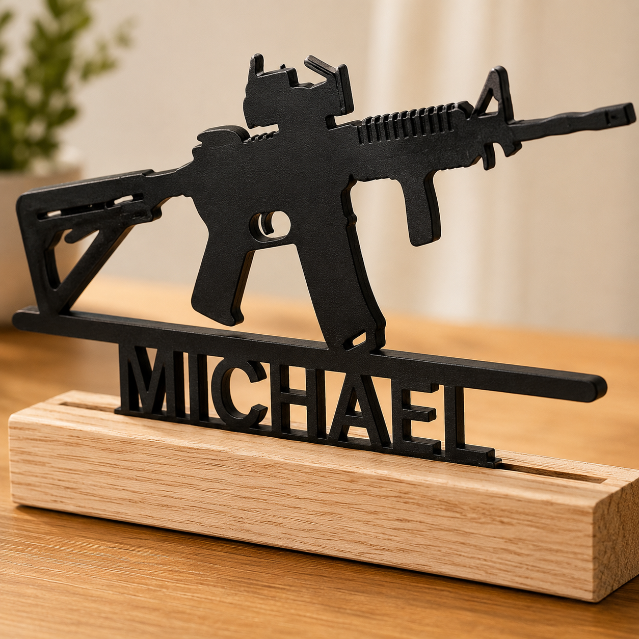 Personalized Rifle Metal Name Sign with Wooden Base