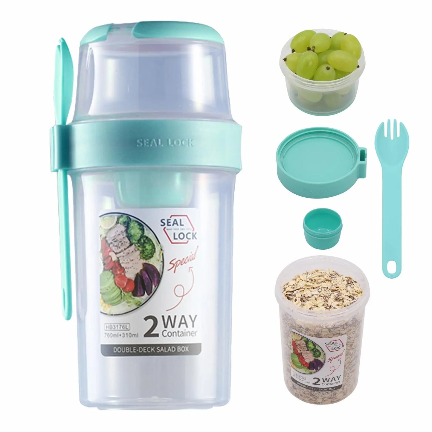 2-Layer Salad & Snack Container with Dressing Cup and Fork