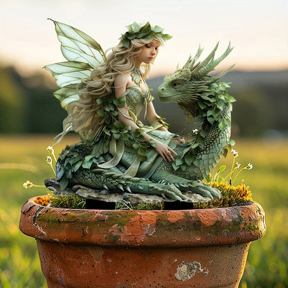 Charming Green Fairy & Dragon Garden Statue