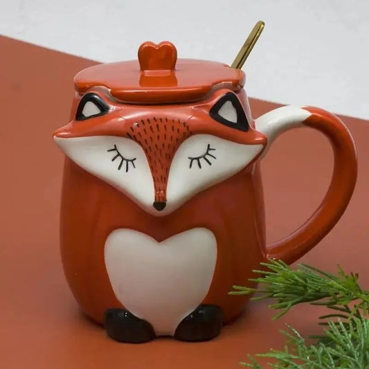 Cute Ceramic Fox Mug with Lid