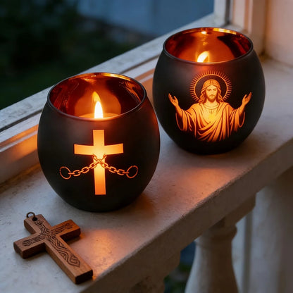 2-Piece Black Glass Cross Candle Holder Set