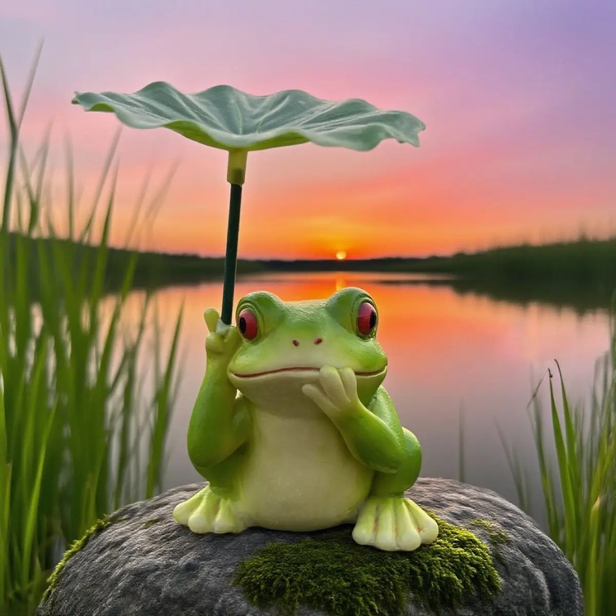 Whimsical Frog with Lotus Leaf Umbrella Resin Statue