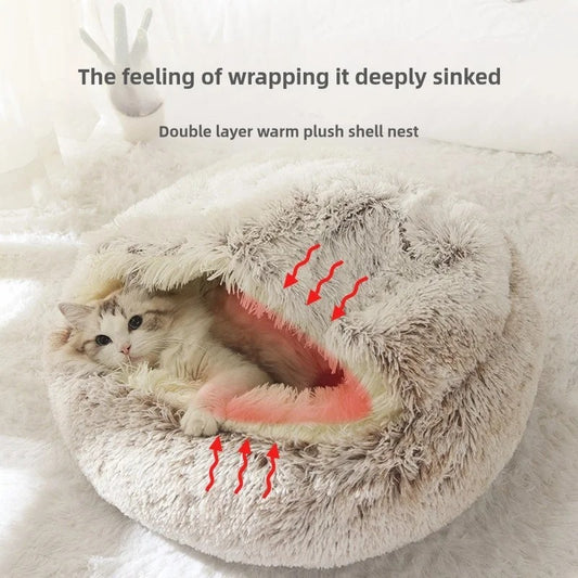 Plush Shell Cat Bed – Semi-Enclosed Warm Nest for Winter Comfort