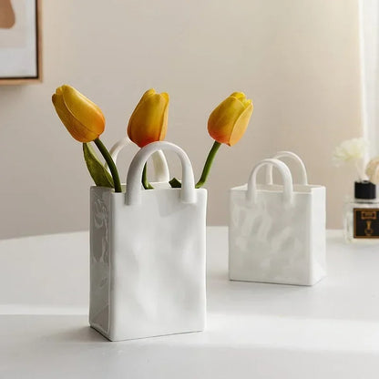 Nordic Handbag Vase – White Ceramic Flower Vase