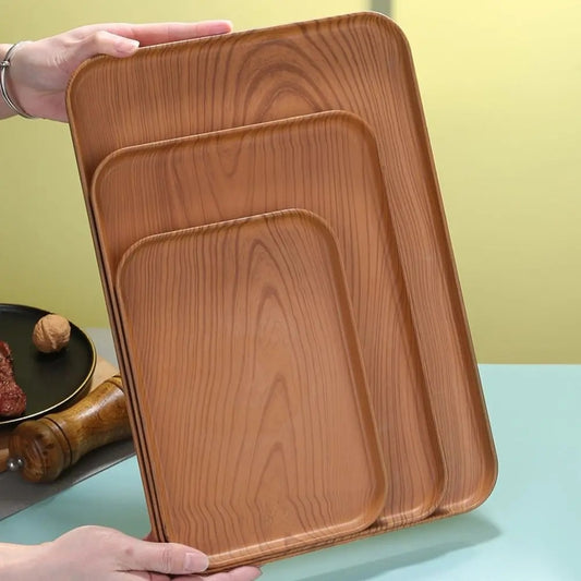Nordic Plastic Serving Tray – Wood-Look Rectangular Tray