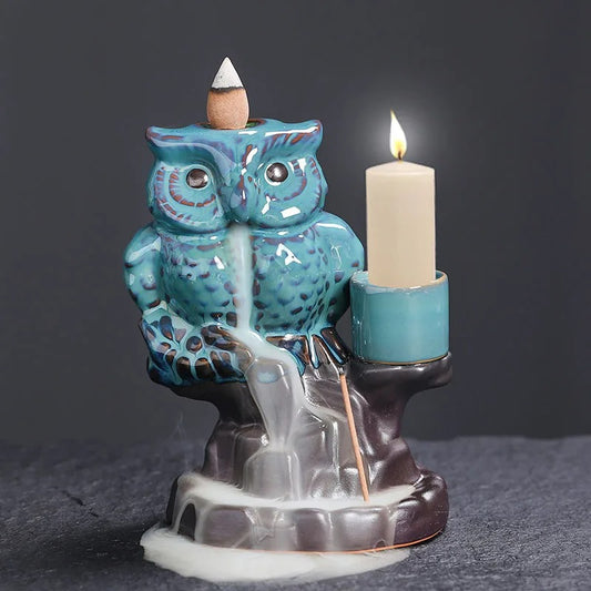 Ceramic Owl Backflow Incense Burner & Candle Holder