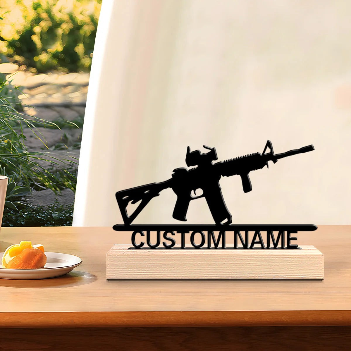 Personalized Rifle Metal Name Sign with Wooden Base