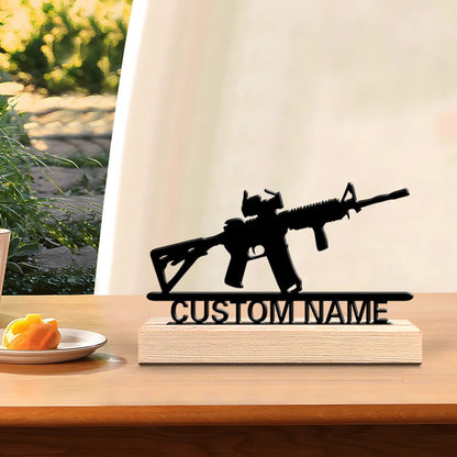 Personalized Rifle Metal Name Sign with Wooden Base