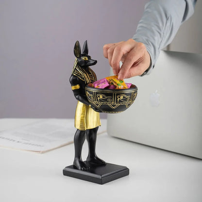 Ancient Egyptian Anubis Statue with Decorative Bowl